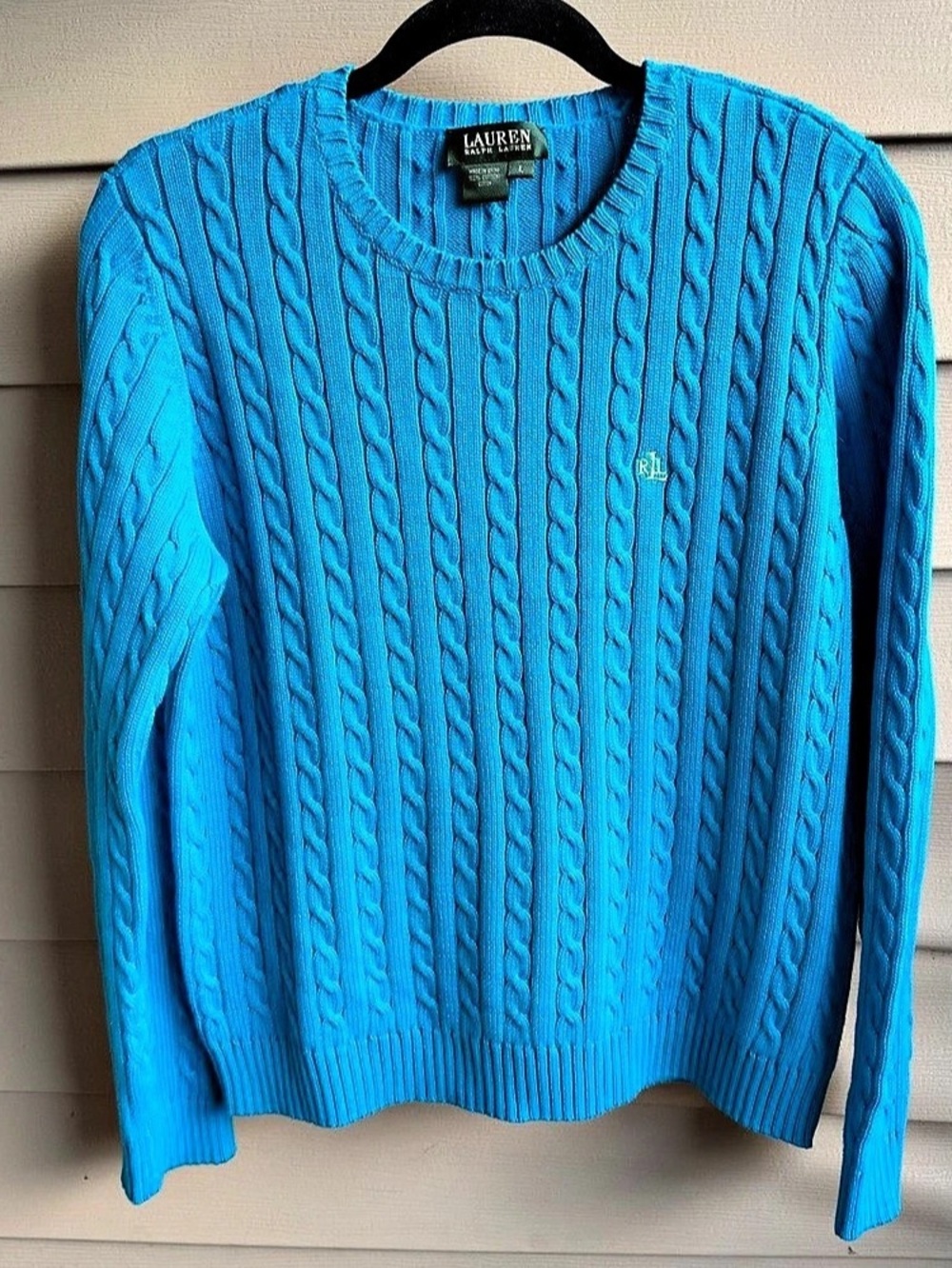 Ralph Lauren Womens Blue Cable Knit Crewneck Sweater Size L 100% Cotton Academia